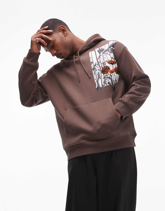 Oversized Fit Hoodie With Floral Patch Print And Embroidery