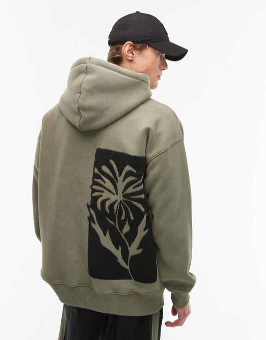 Oversized Fit Hoodie With Front And Back Floral Block Chenille Embroidery