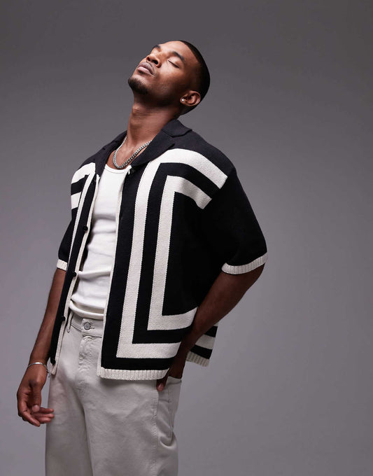 Knitted Crochet Vertical Stripe Button Through Shirt