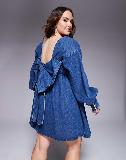 Curve Denim Long Sleeve Baby Doll Mini Dress With Bow Back