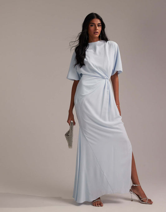 Bridesmaids Slash Neck Crepe T-Shirt Sleeve Minimal Drape Maxi Dress