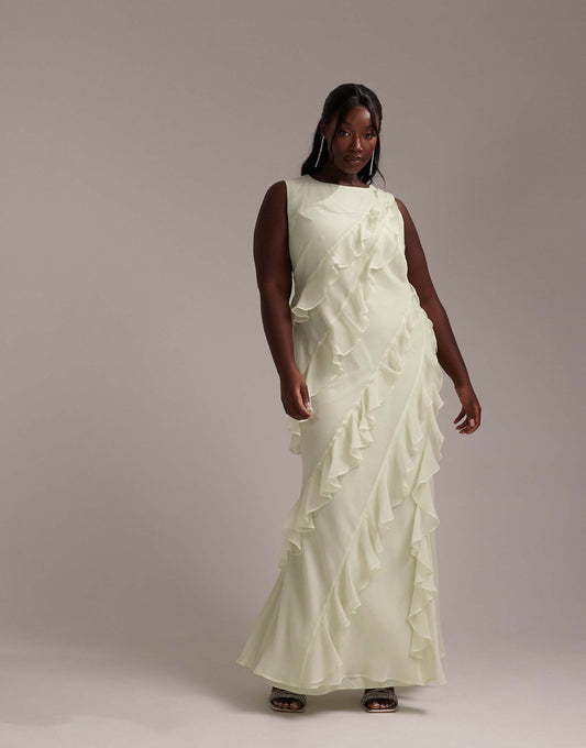 Curve Bridesmaids Racer Neck Bias Ruffle Maxi Dress