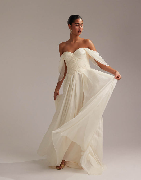 Pleated Corset Maxi Wedding Dress With Draped Sleeves