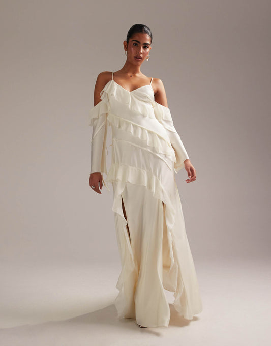 Satin Chiffon Mix Ruffle Cold Shoulder Maxi Dress