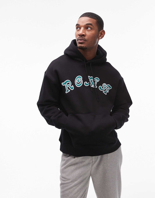 Oversized Fit Hoodie With Roma Applique Embroidery