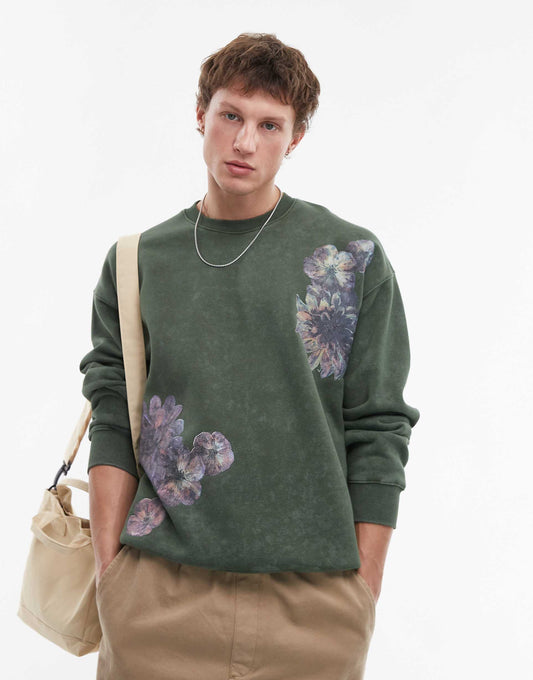 Oversized Fit Sweatshirt With Front And Back Floral Motif Print