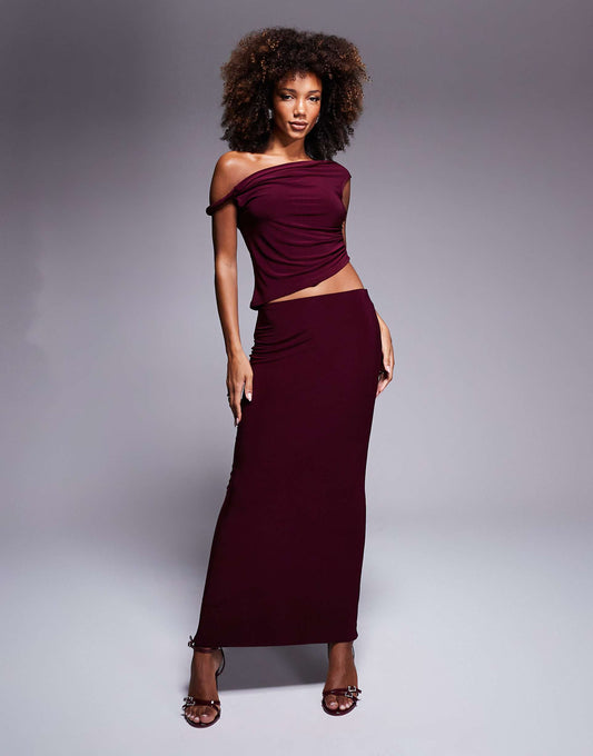 Co-Ord Slinky Twist Off Shoulder Top And Maxi Skirt