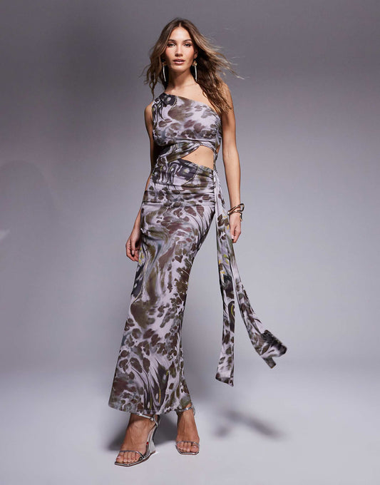 Mesh Asymmetric One Shoulder Midi Dress With Long Ties