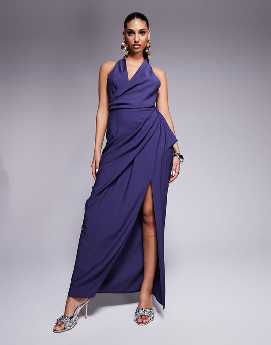 Plunge Wrap Front Textured Maxi Dress With Draped Skirt