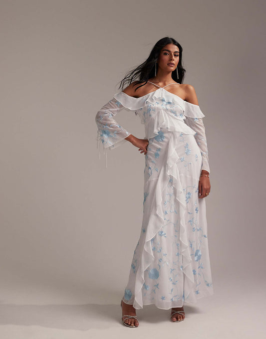 Bridesmaids Ruffle Cold Shoulder Maxi Dress