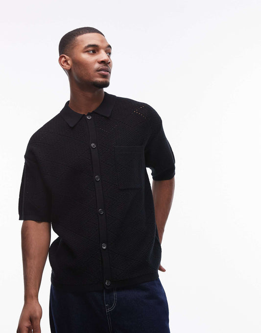 Knitted Pattern Crochet Shirt With Pocket Detail