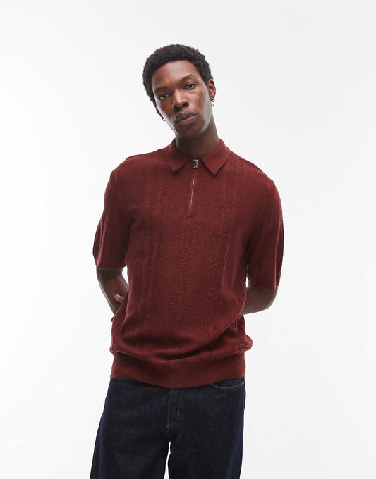 Knitted Short Sleeve1/4 Zip Textured Polo Shirt