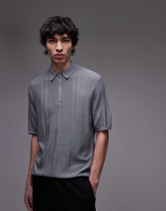 Knitted Short Sleeve1/4 Zip Textured Polo Shirt