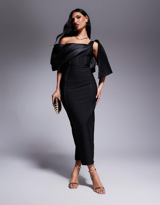 Bandage And Structured Satin Mix Midi Dress