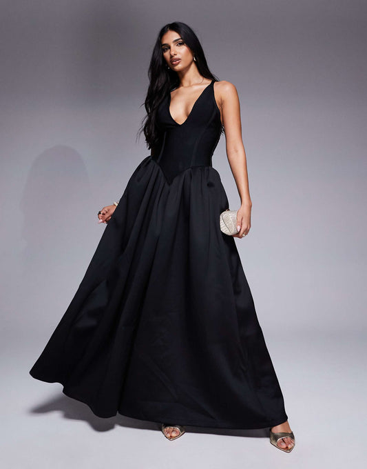 Plunge Bandage & Scuba Mix Midi Dress With Full Skirt