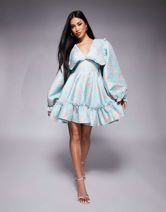 Jacquard Collared Long Sleeve Tiered Mini Dress