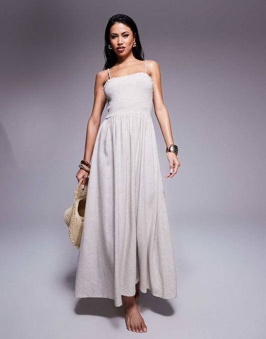 Isabel Linen Blend Shirred Bandeau Beach Dress