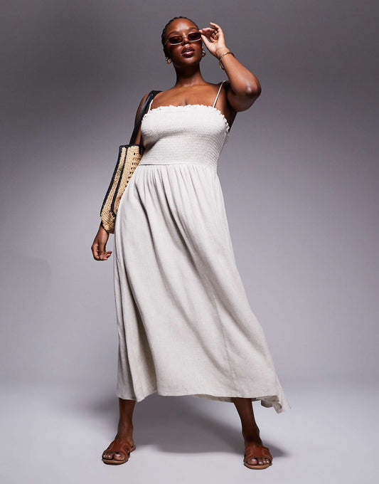 Curve Isabel Linen Blend Shirred Bandeau Beach Dress