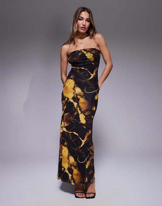 Mesh Bandeau Maxi Dress With Neck Tie Detail