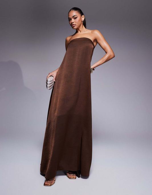 Bandeau Trapeze Satin Maxi Dress