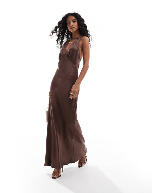 Plunge Scarf Detail Maxi Dress