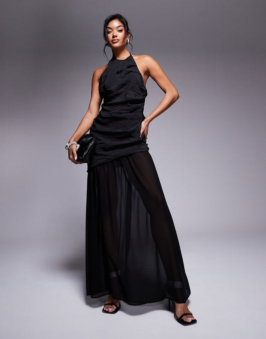 Halter Asymmetric Ruched Maxi Dress With Chiffon Skirt