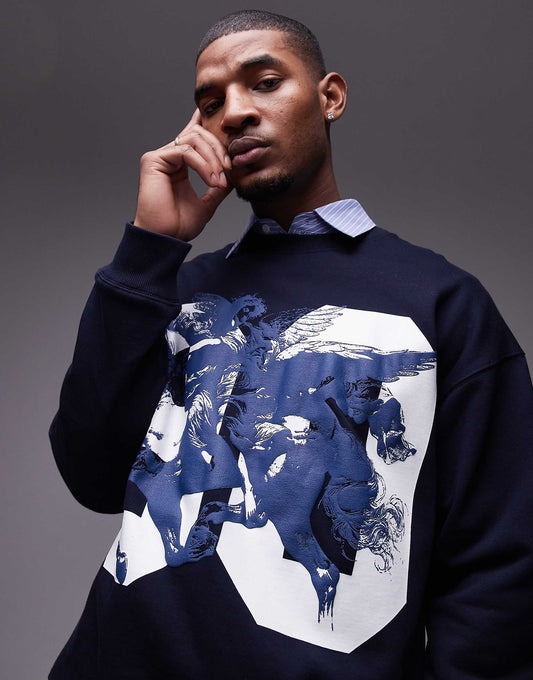 Oversized Fit Sweatshirt With Pegasus Textured Print