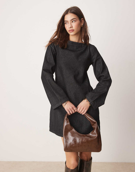 Long Sleeved Denim Shift Dress With Contrast Stitching