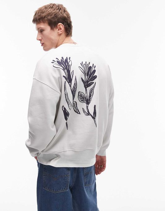 Oversized Fit Sweatshirt With Front And Back Floral Motif Print