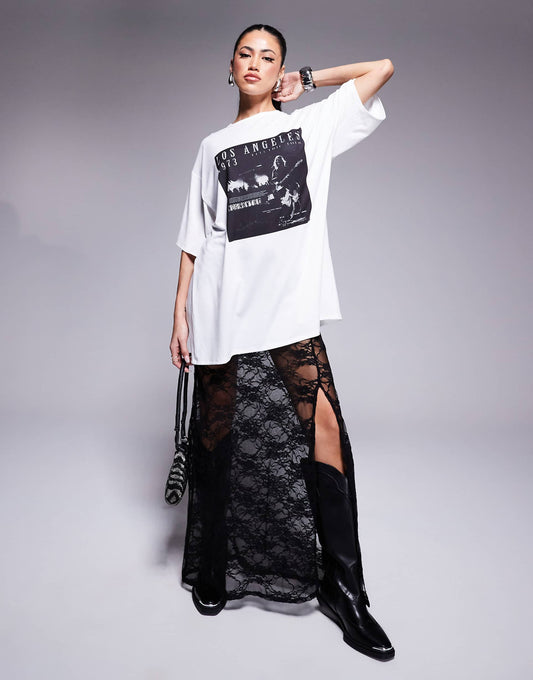 2 in 1 Graphic T Shirt With Lace Midi Dress Skirt