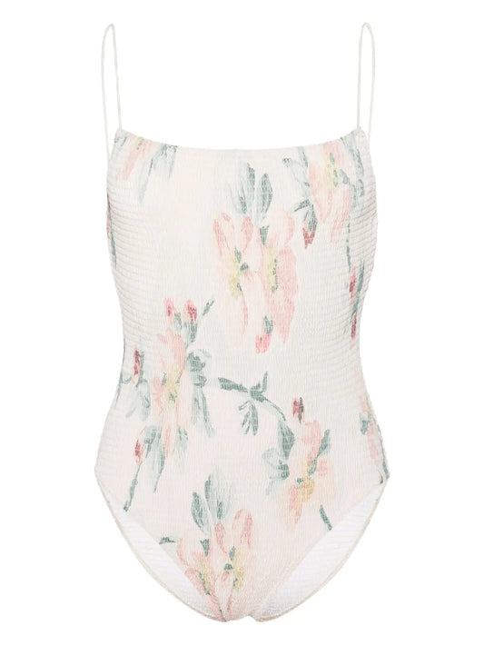 Floral-Print Smocked Swimsuit