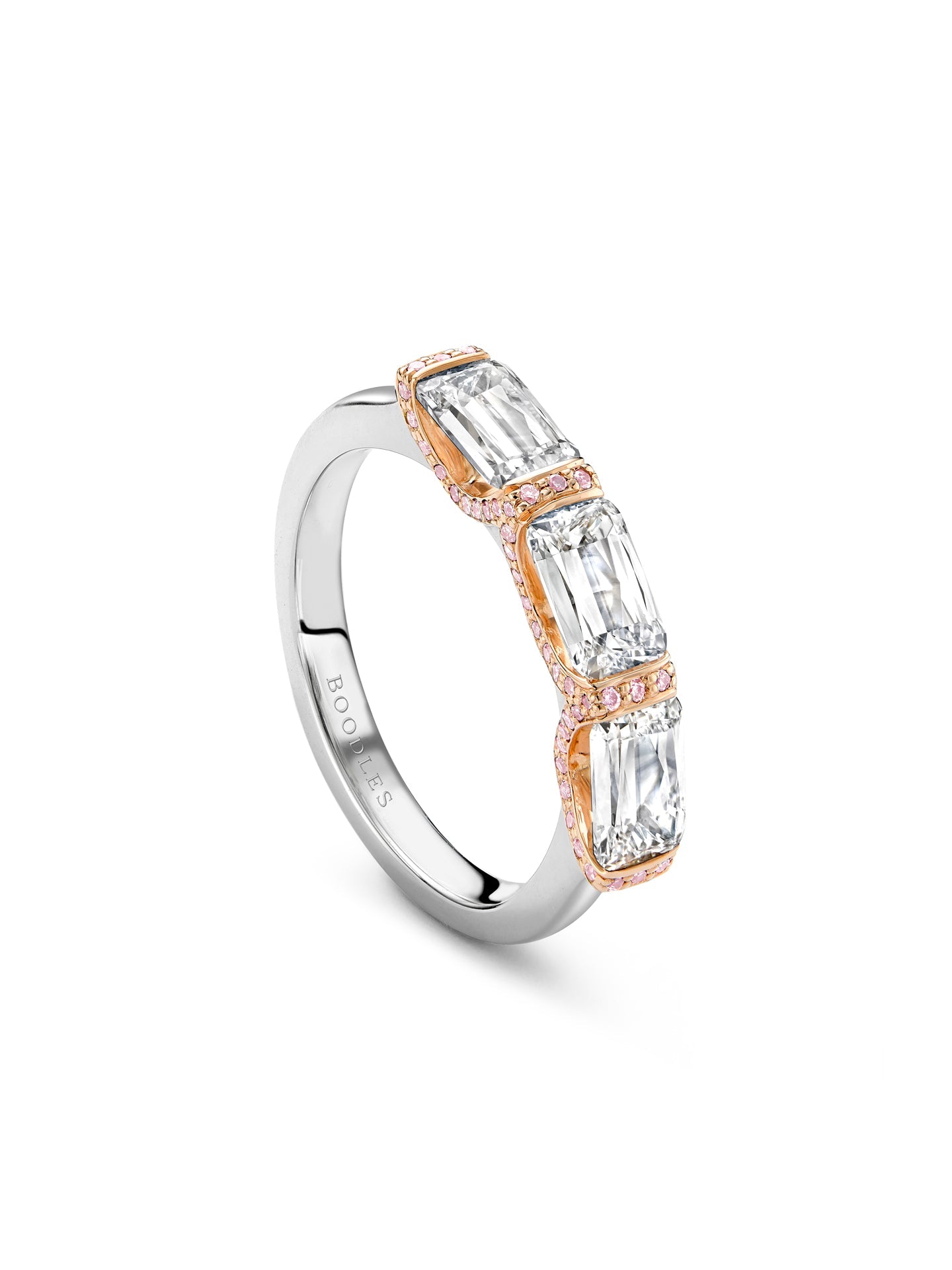 Ashoka Three Stone and Pink Diamond Ring