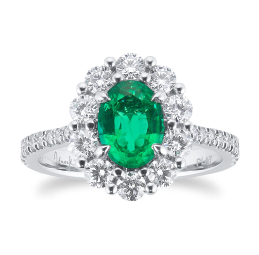 Platinum 1.00cttw Emerald & 0.86cttw Diamond Halo Diamond Ring