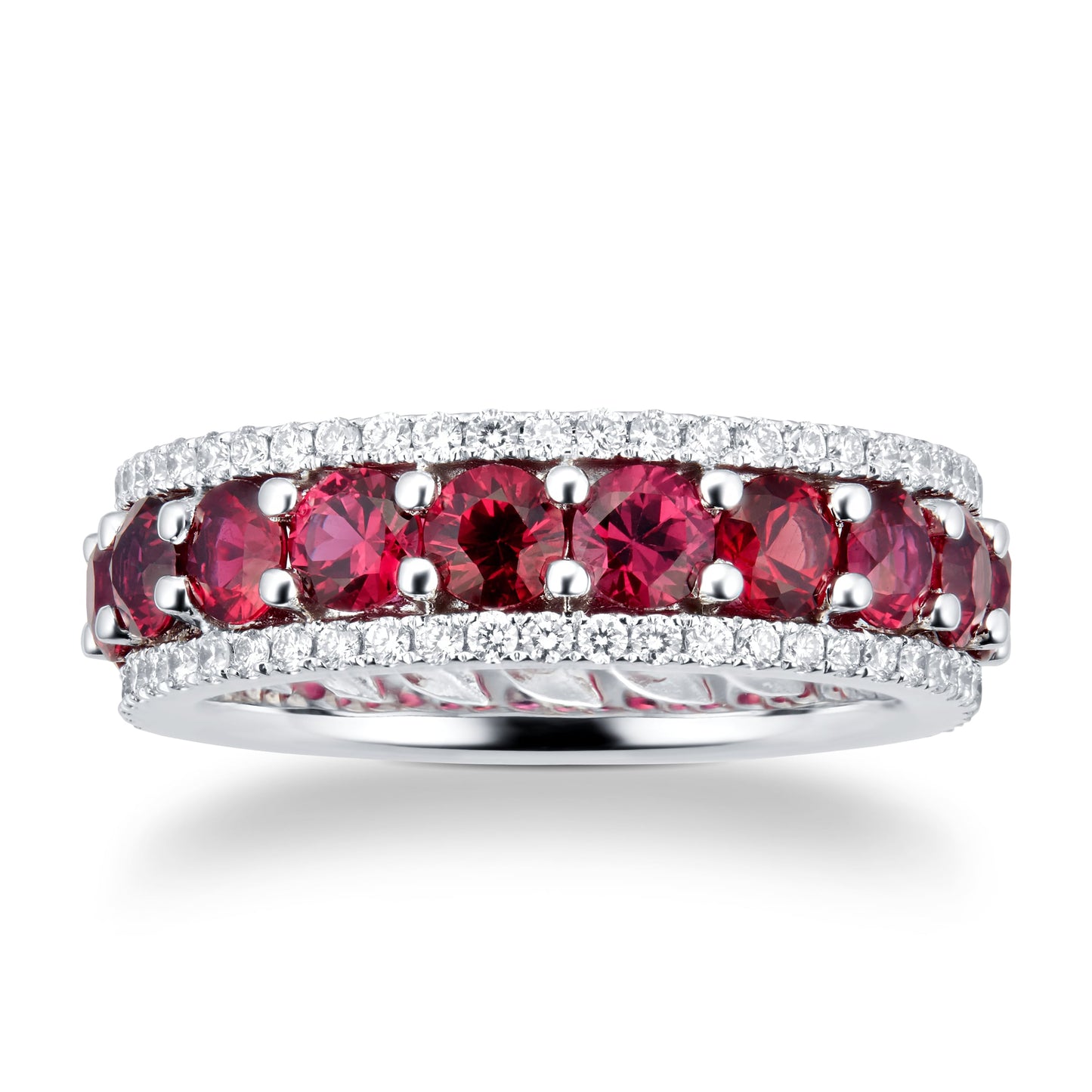 White Gold Ruby & Diamond Three Row Ring