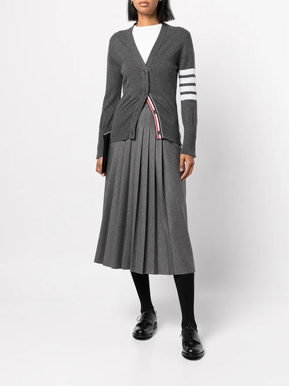 Classic V-Neck Cardigan In Cashmere With White 4-Bar Sleeve Stripe