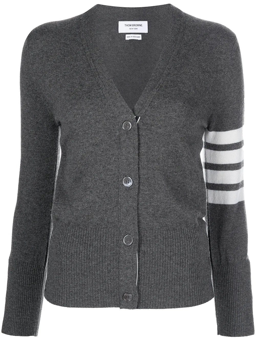 Classic V-Neck Cardigan In Cashmere With White 4-Bar Sleeve Stripe
