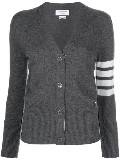 Classic V-Neck Cardigan In Cashmere With White 4-Bar Sleeve Stripe