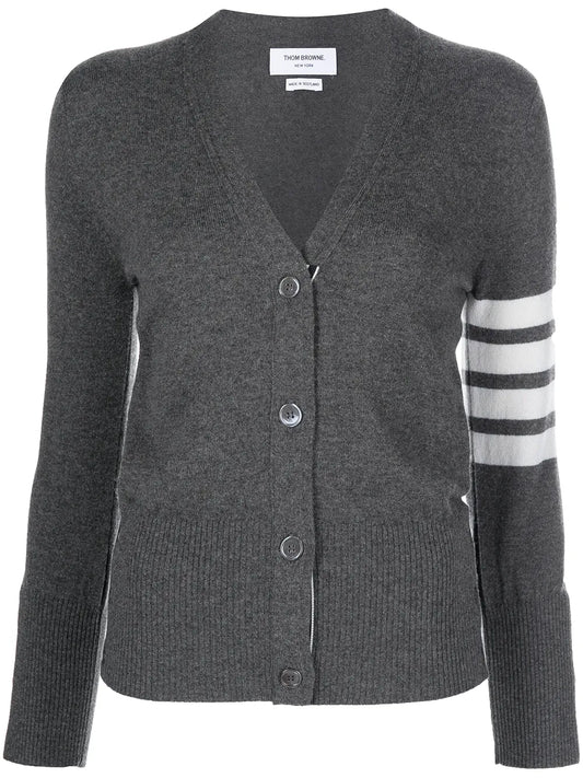 Classic V-Neck Cardigan In Cashmere With White 4-Bar Sleeve Stripe