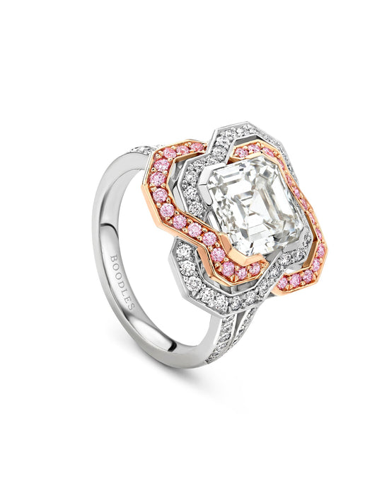 Pavilion Asscher Diamond and Pink Diamond Ring