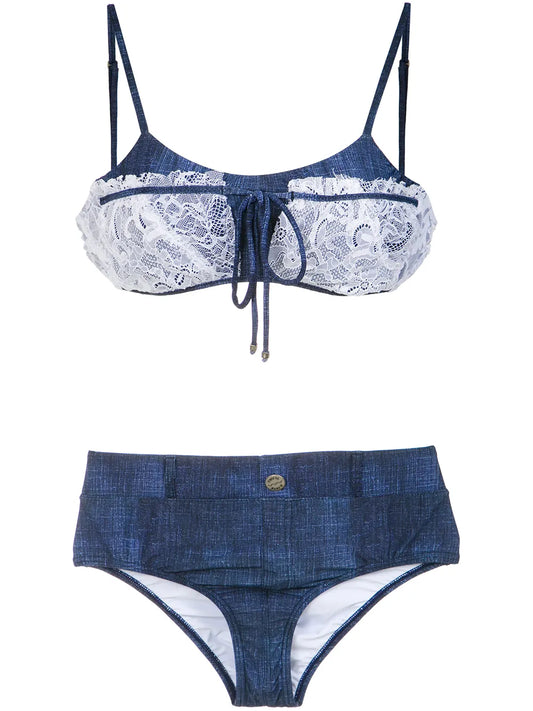 Lace Applique Denim Bikini Set