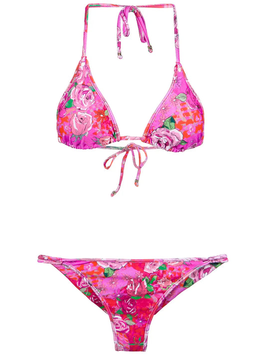 Rose Print Triangle Bikini Set