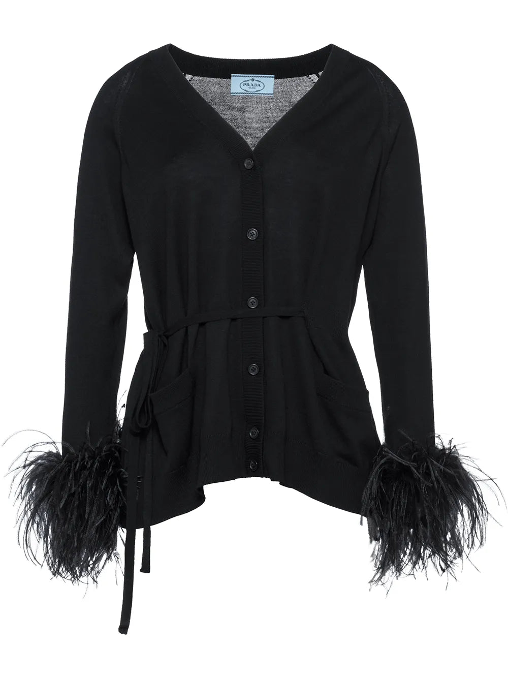 Feather-Embellished Belted Cardigan