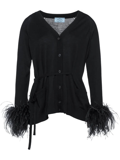Feather-Embellished Belted Cardigan