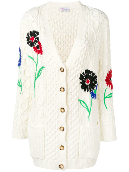 Floral-Embroidered Cable-Knit Cardigan