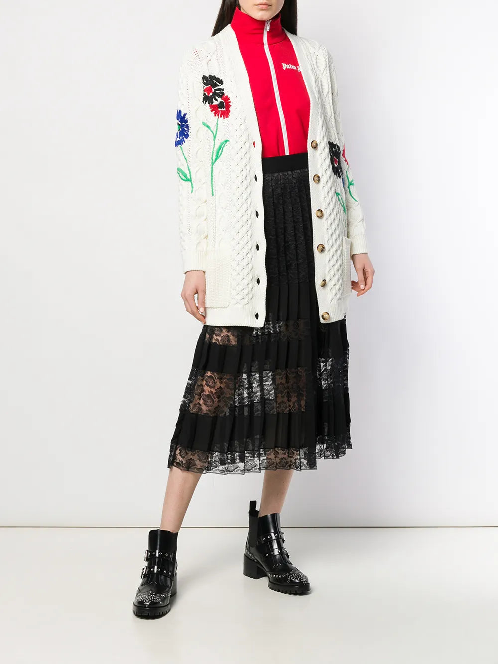 Floral-Embroidered Cable-Knit Cardigan