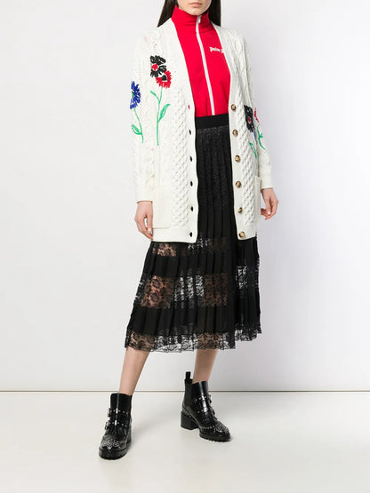 Floral-Embroidered Cable-Knit Cardigan