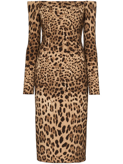 Off-The-Shoulder Leopard Print Midi Dress