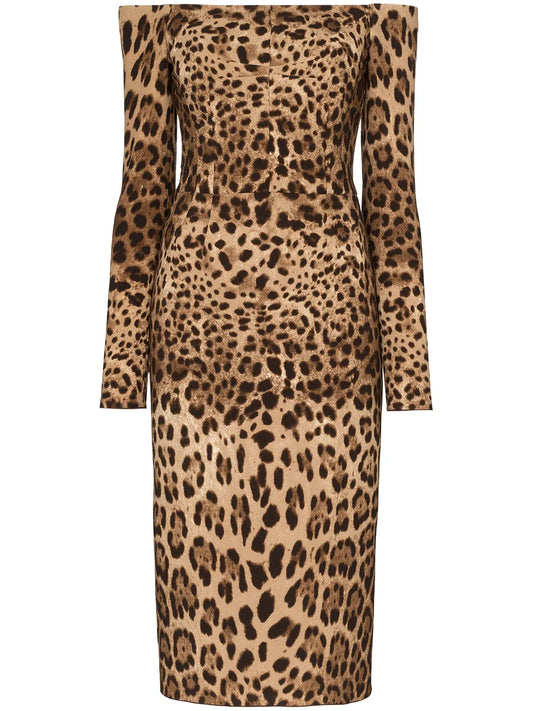 Off-The-Shoulder Leopard Print Midi Dress