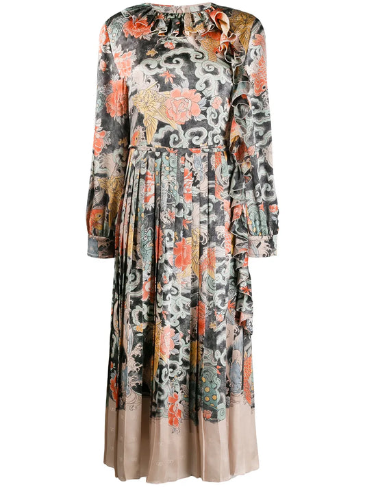Oriental Print Satin Dress
