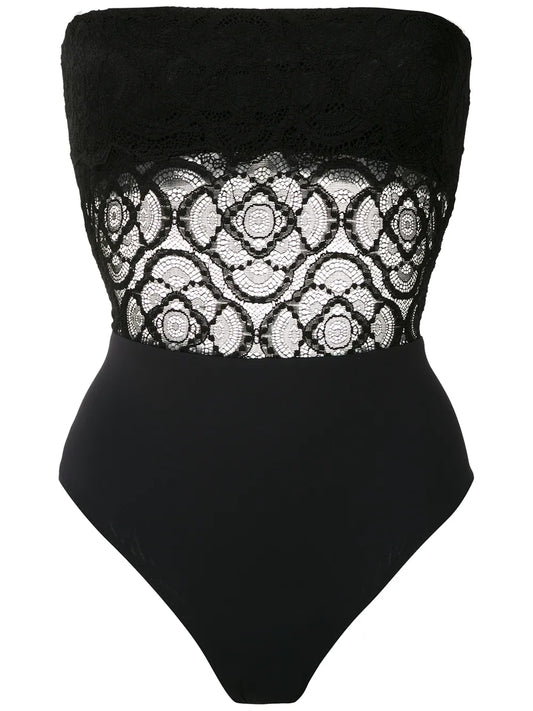 Lace Panels Strapless Swimsuit